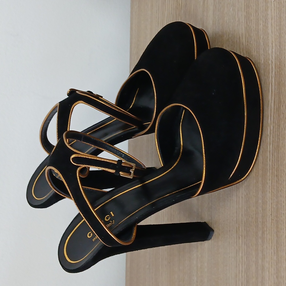 Gucci Black Suede Platform Heels with Gold Trim